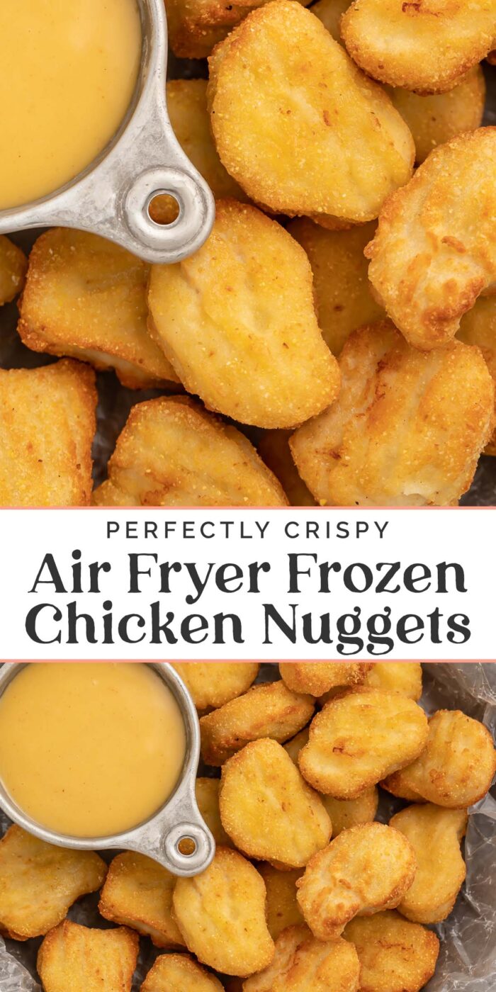 Pin graphic for air fryer frozen chicken nuggets.